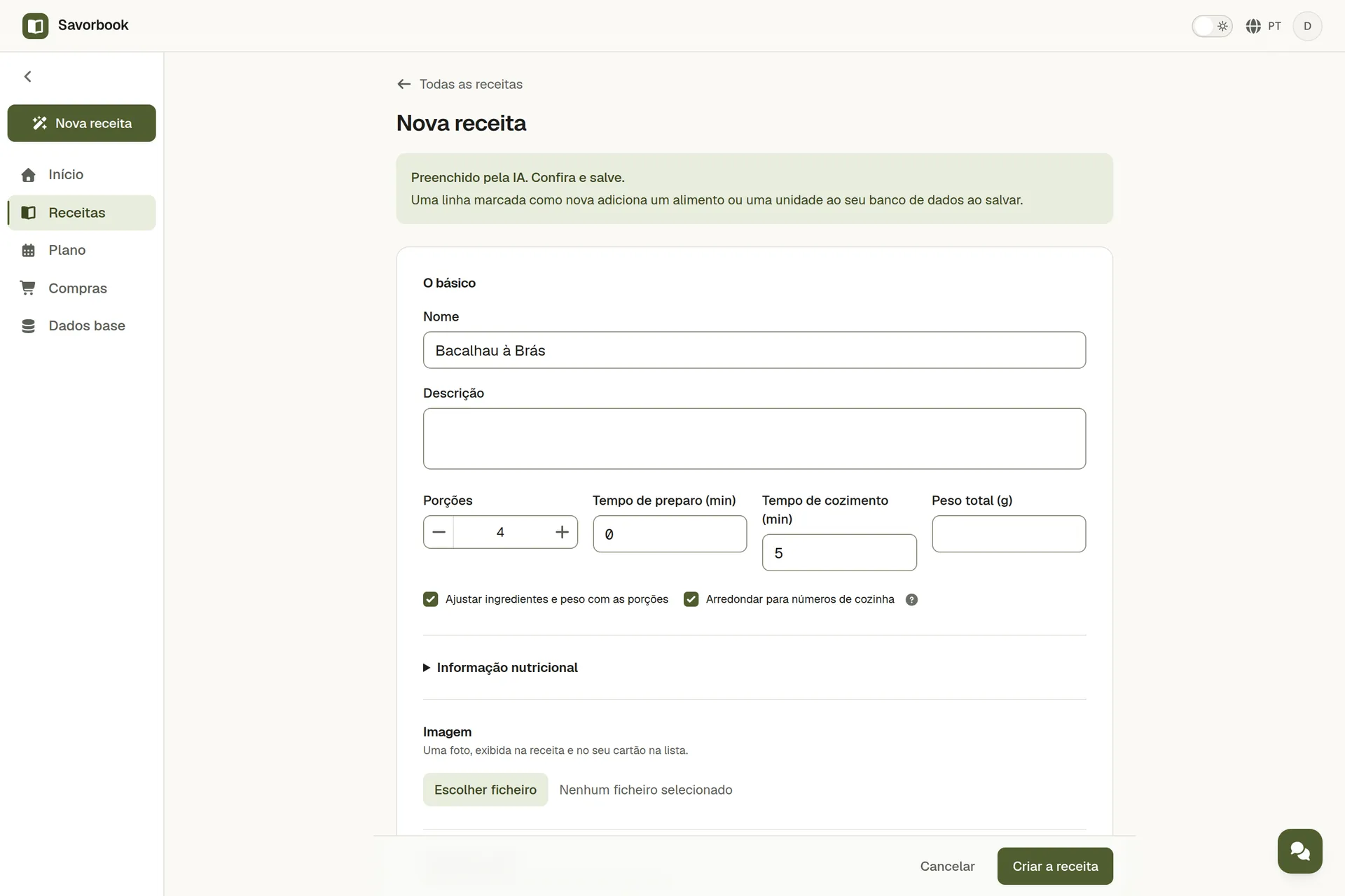 Uma receita preenchida pela IA a partir de um texto colado, com os ingredientes e os passos prontos a rever