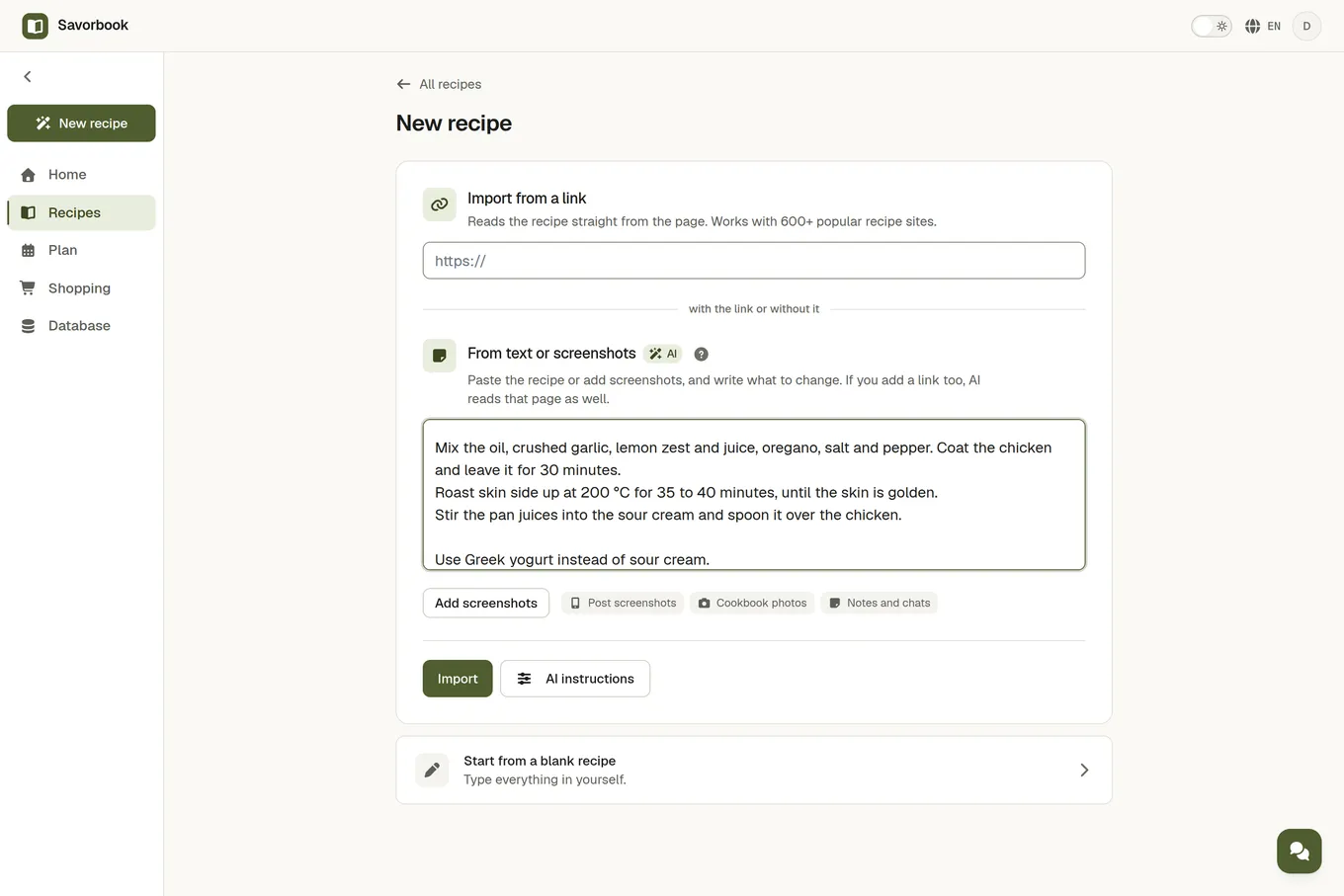 The import screen's From text or screenshots field with a recipe pasted in and a note on what to change
