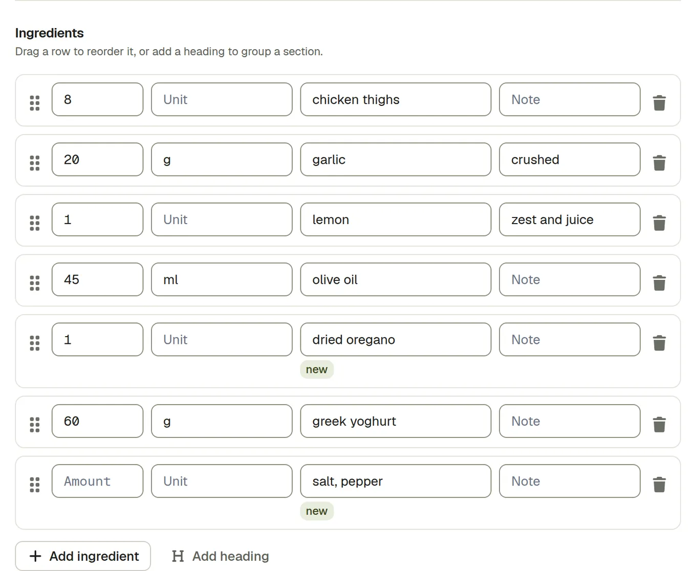 Ingredient rows written by AI in the account's own units, with any new food marked new