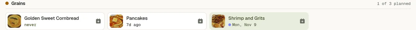 Chips showing a dated weekday for meals inside the window and a greyed calendar date for one planned further out