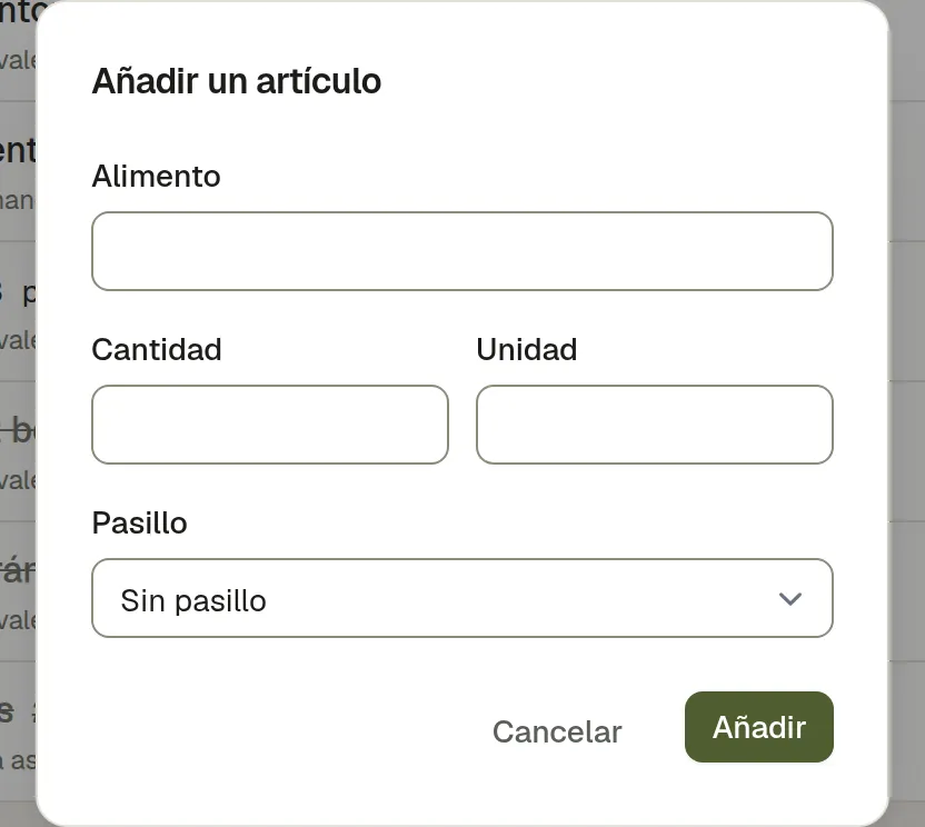 El diálogo Añadir artículo, con el alimento, la cantidad, la unidad y el pasillo al que pertenece