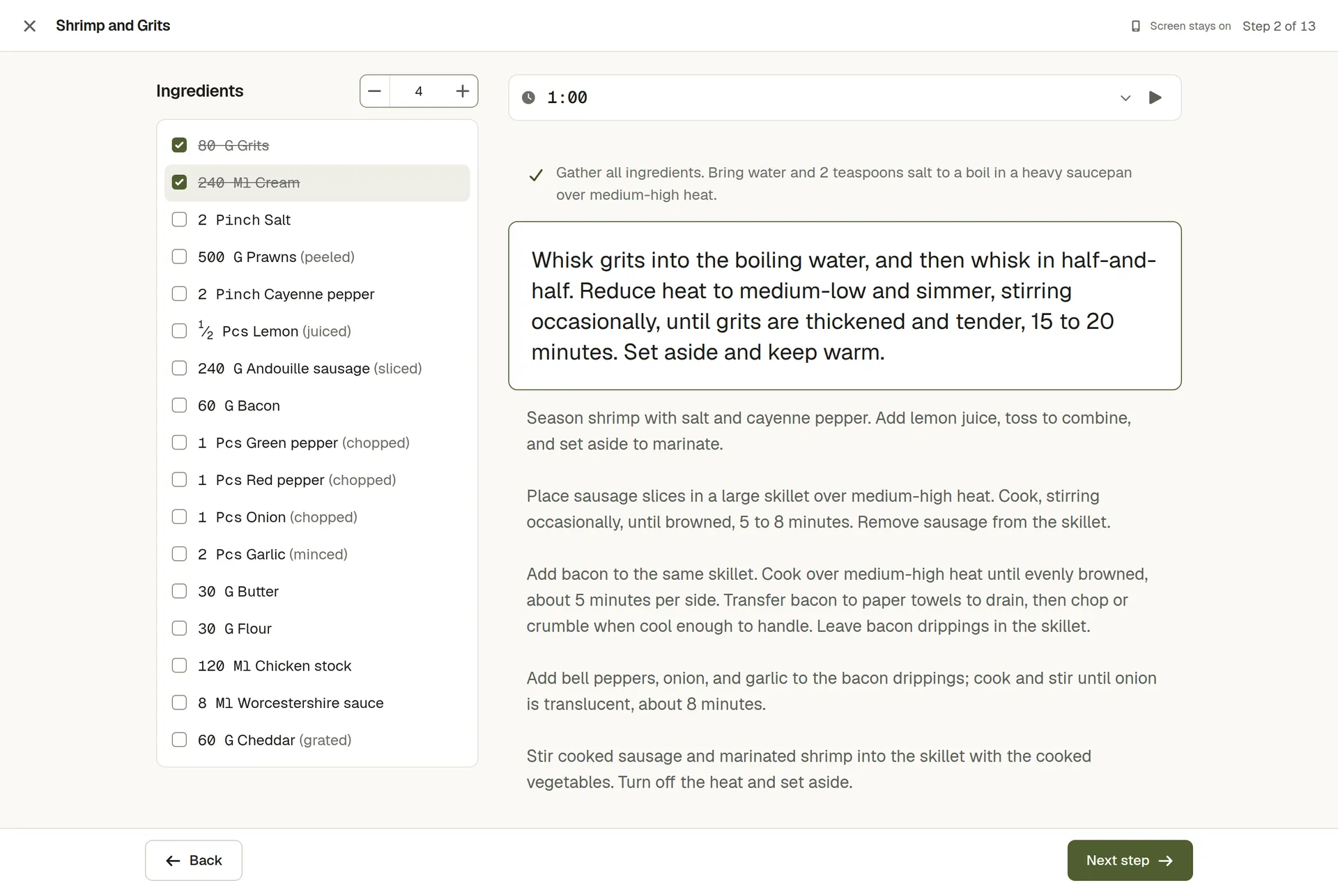 A recipe in cook mode, one step shown large with the ingredients beside it