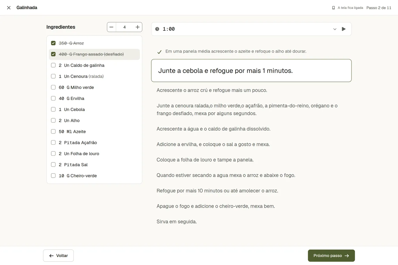 O modo de cozinhar: o passo actual em grande, Voltar e Próximo passo por baixo, e a lista de ingredientes ao lado com alguns riscados