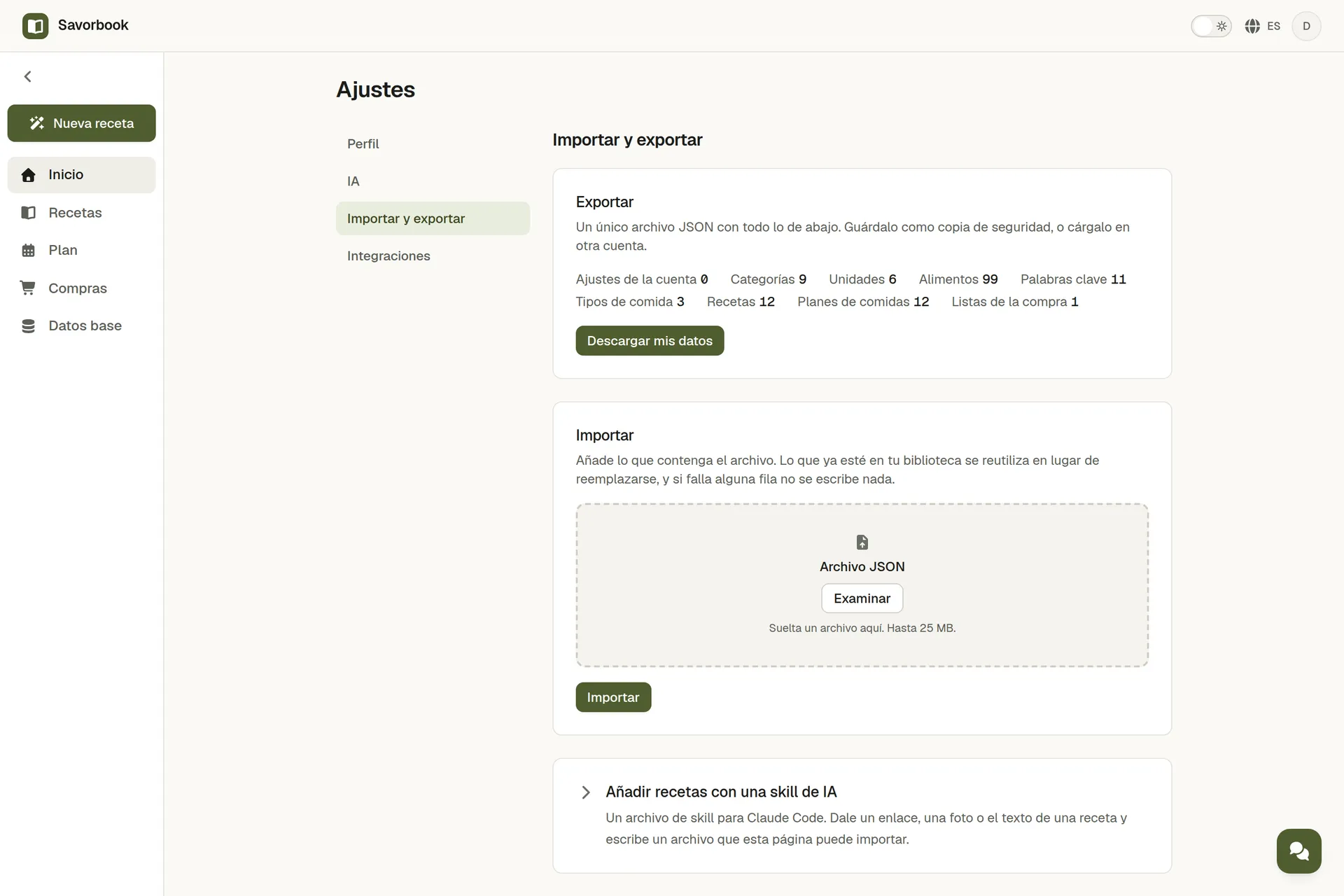 La página de datos de SavorBook, que entrega la cuenta entera en un archivo y acepta otro de vuelta