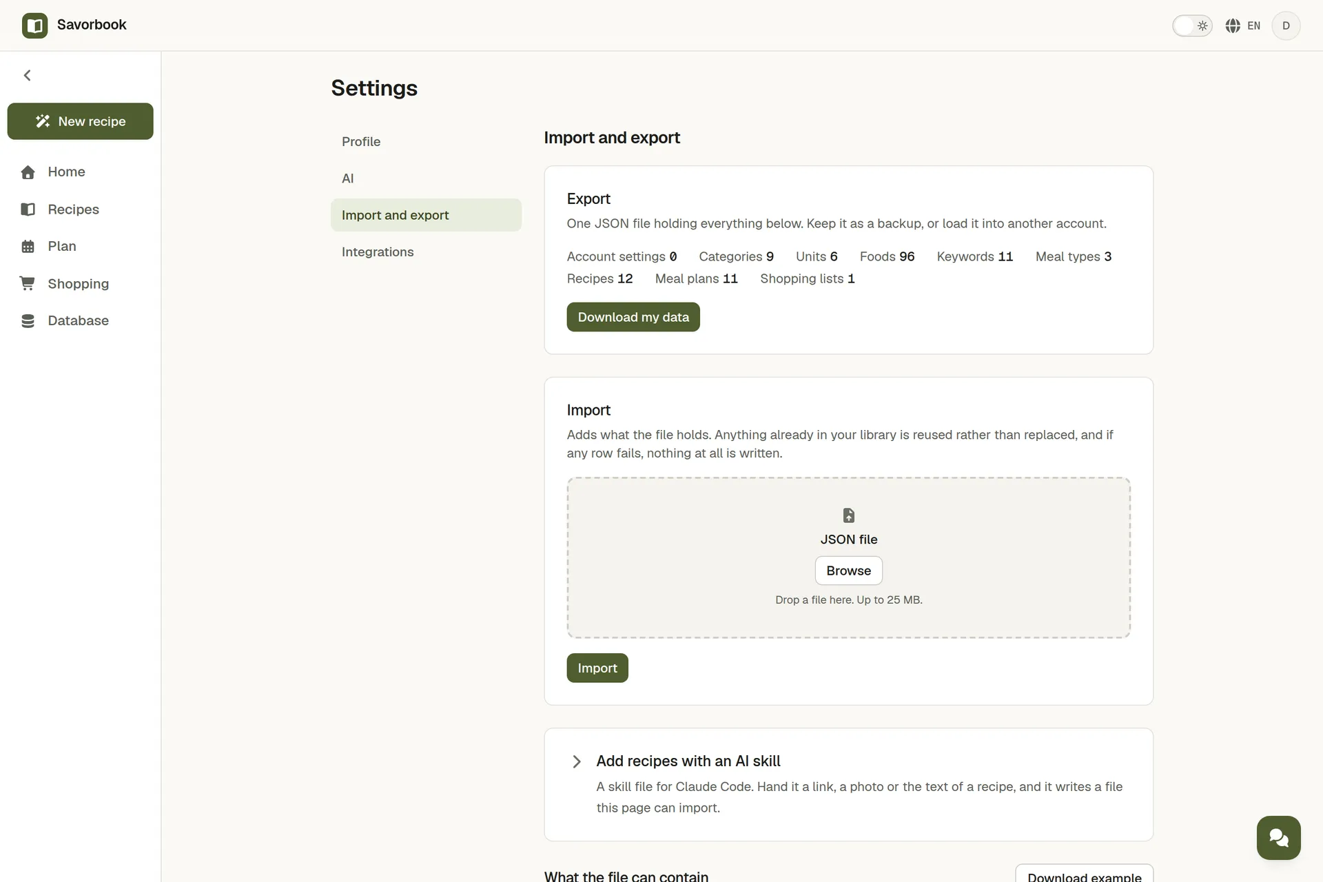 The data page in SavorBook, offering the whole account as one file and taking one back