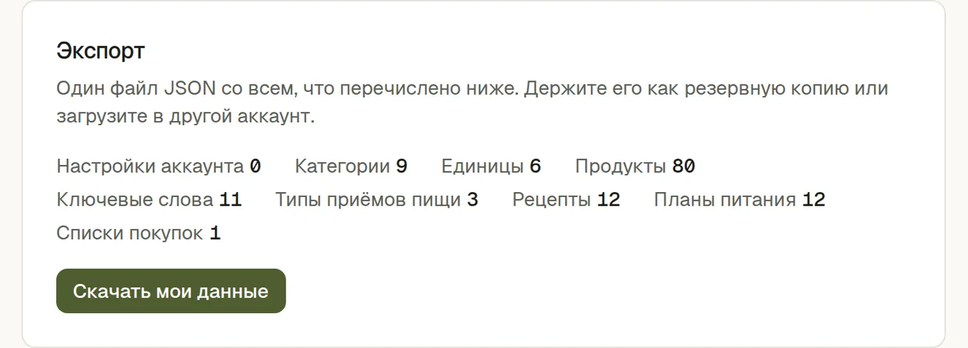 Панель выгрузки считает 9 категорий, 6 единиц, 57 продуктов, 11 ключевых слов, 3 типа приёма пищи, 10 рецептов и 10 планов