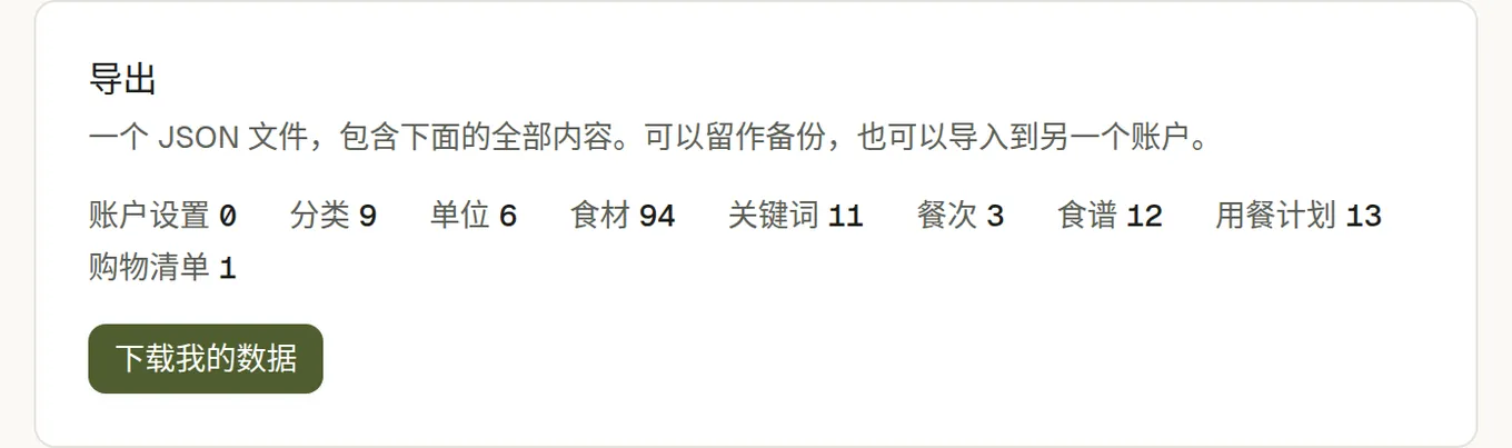 导出面板数出 9 个分类、6 个单位、57 样食材、11 个关键词、3 种餐次、10 份食谱和 10 条计划