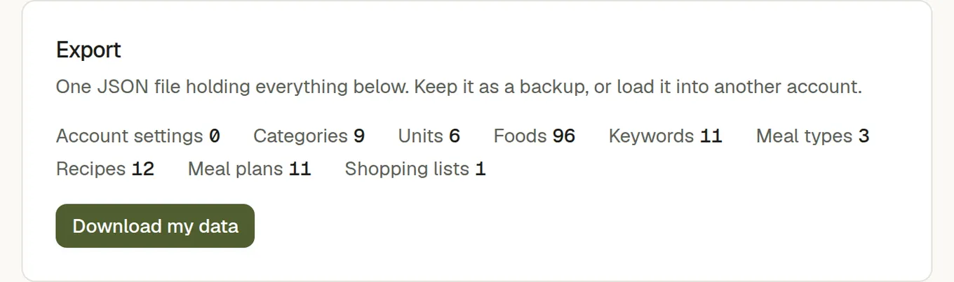The export panel counting 9 categories, 6 units, 57 foods, 11 keywords, 3 meal types, 10 recipes and 10 meal plans