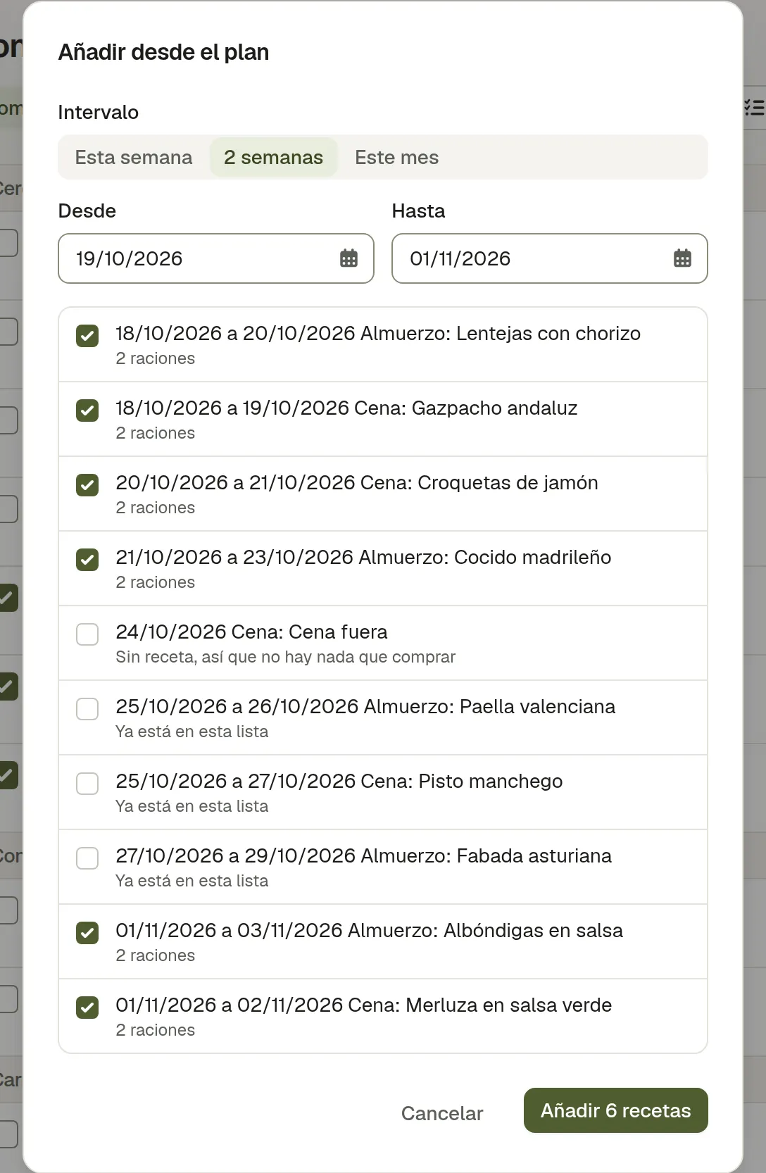 El diálogo Añadir del plan: un rango de fechas, cada comida planificada con su casilla, dos marcadas como ya en la lista y una sin receta, así que no hay nada que comprar