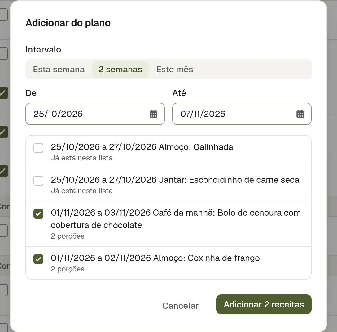 A janela Adicionar do plano: um intervalo de datas, cada refeição planeada com a sua caixa, duas marcadas como já na lista e uma sem receita, por isso não há nada a comprar