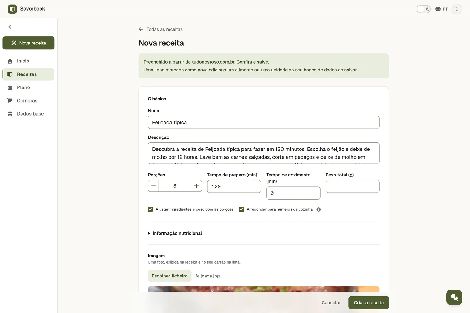 Uma receita importada a partir do link, com a foto, os ingredientes e os passos preenchidos, pronta a guardar