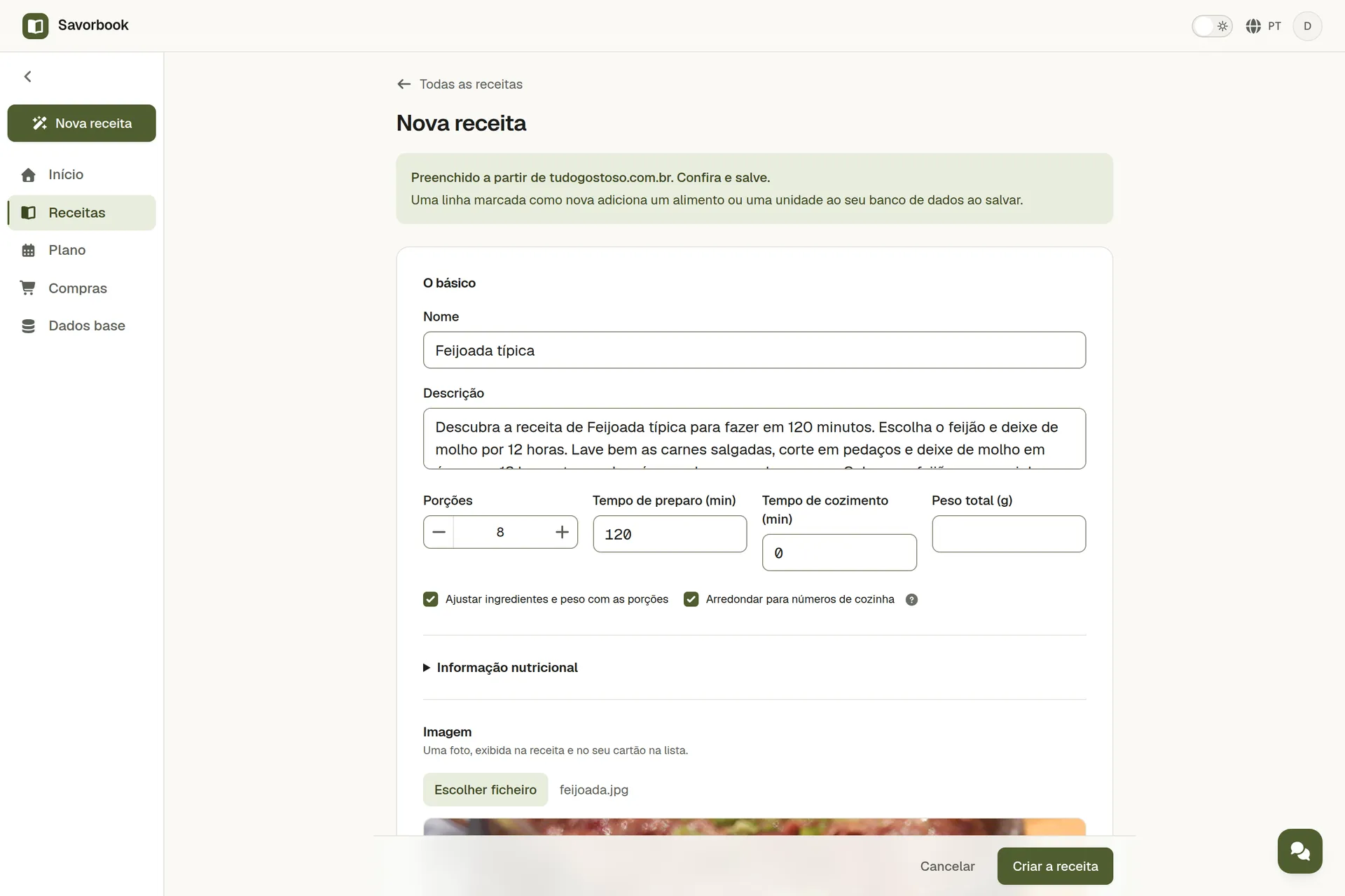 Uma receita importada a partir do link, com a foto, os ingredientes e os passos preenchidos, pronta a guardar
