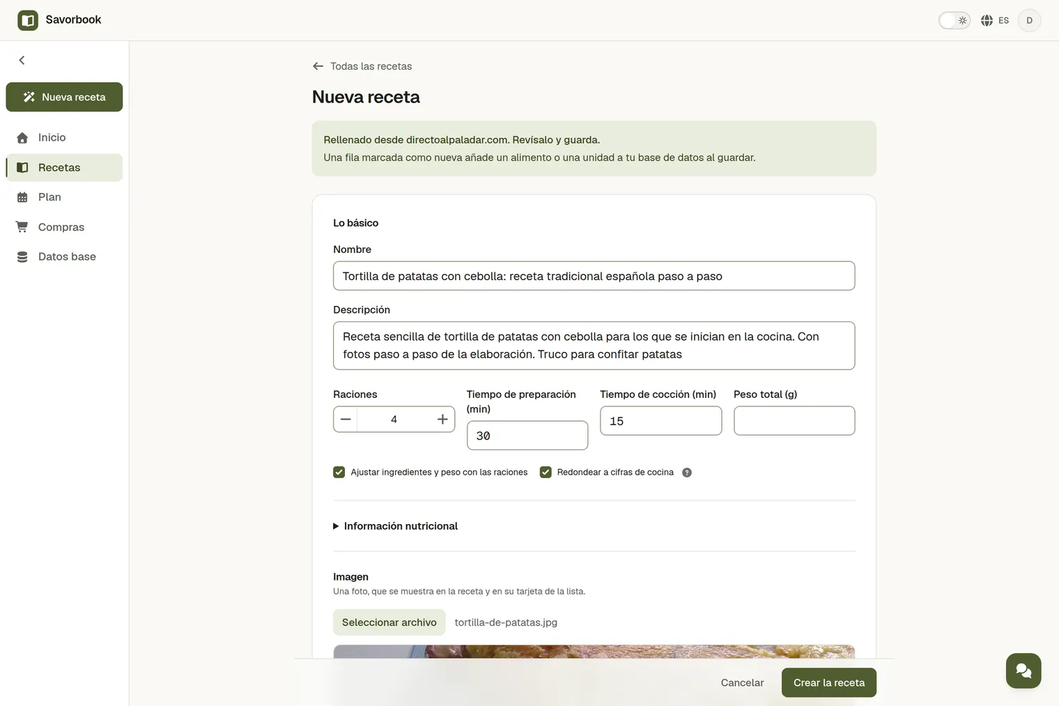 Una receta importada desde su enlace, con la foto, los ingredientes y los pasos rellenados, lista para guardar