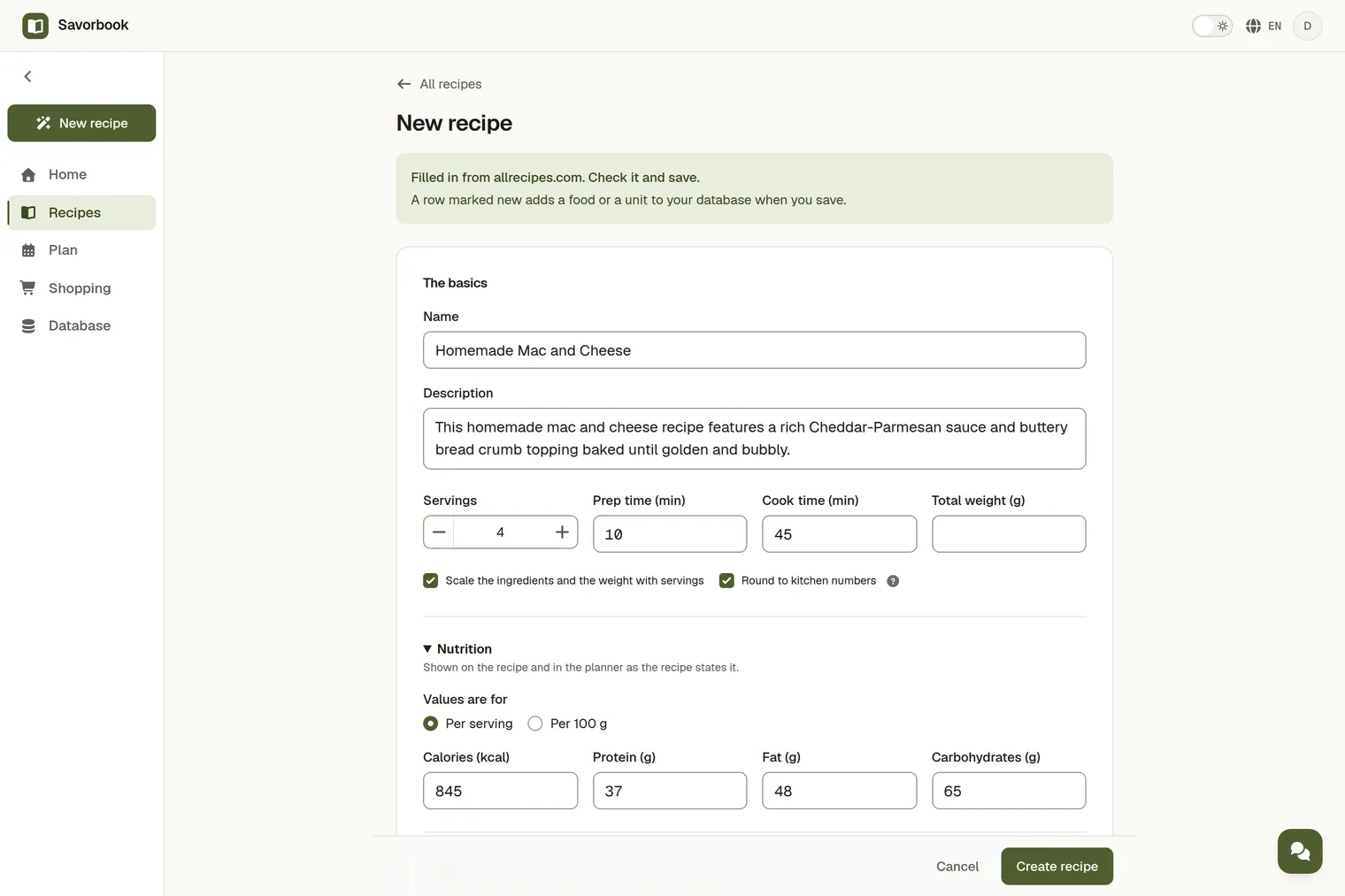 A recipe imported from its link, with the photo, ingredients and steps filled in, ready to save