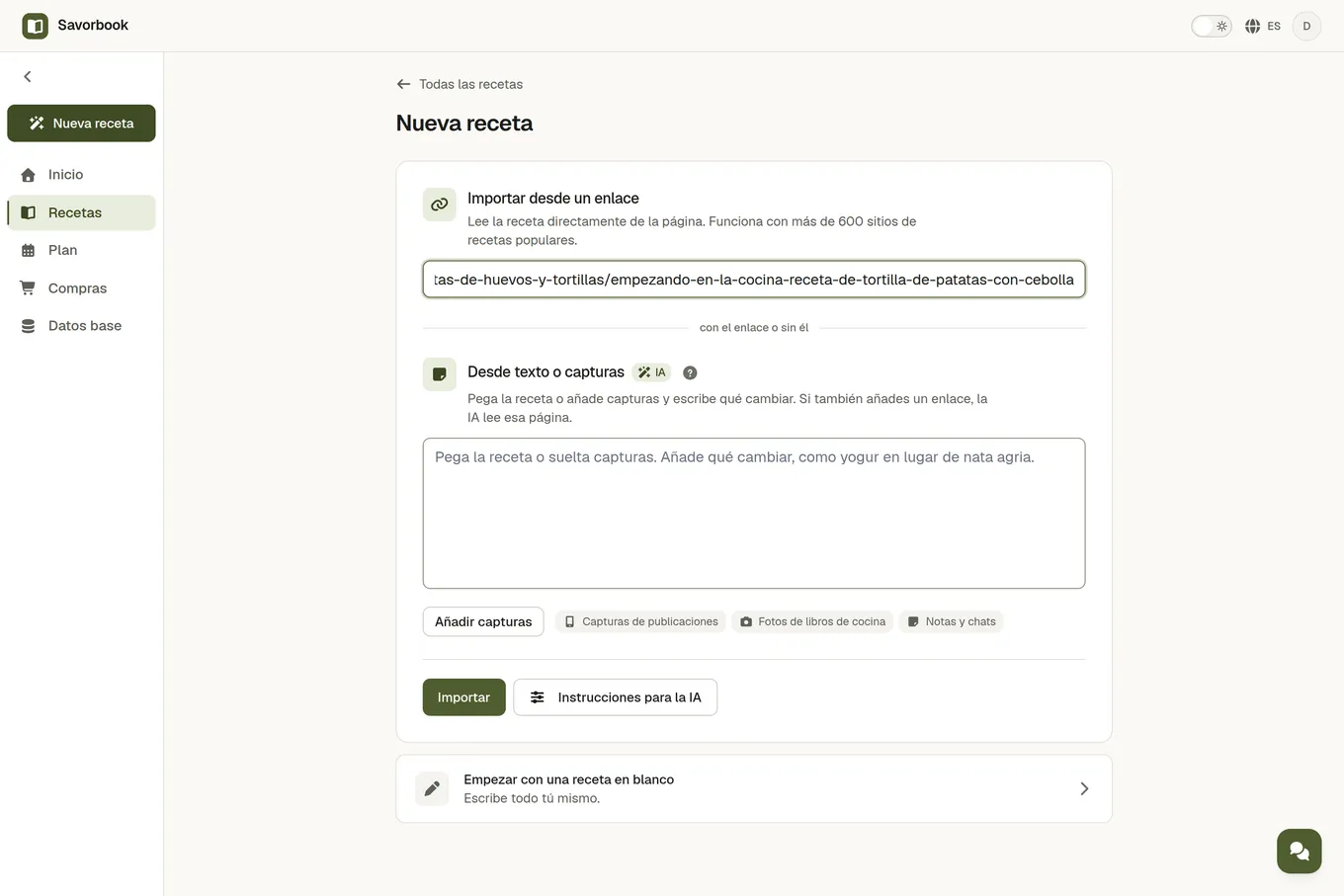 La pantalla de importación con la dirección de una página de recetas en el campo Enlace de la receta