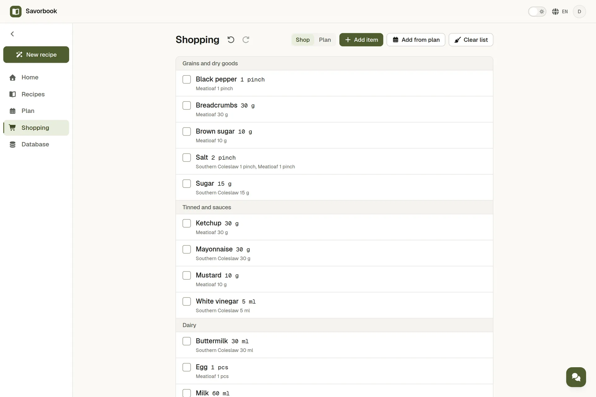 A shopping list grouped by aisle with amounts summed across recipes