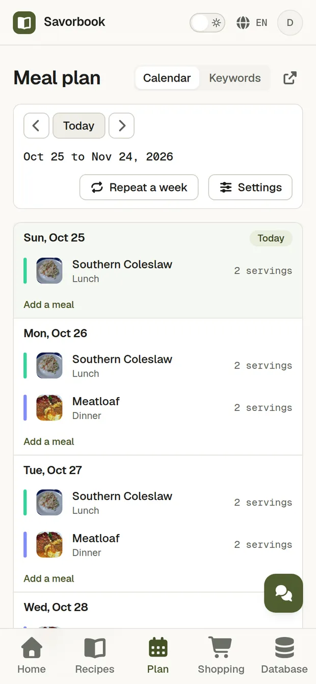A recipe imported from its link, planned across three days and added to the shopping list