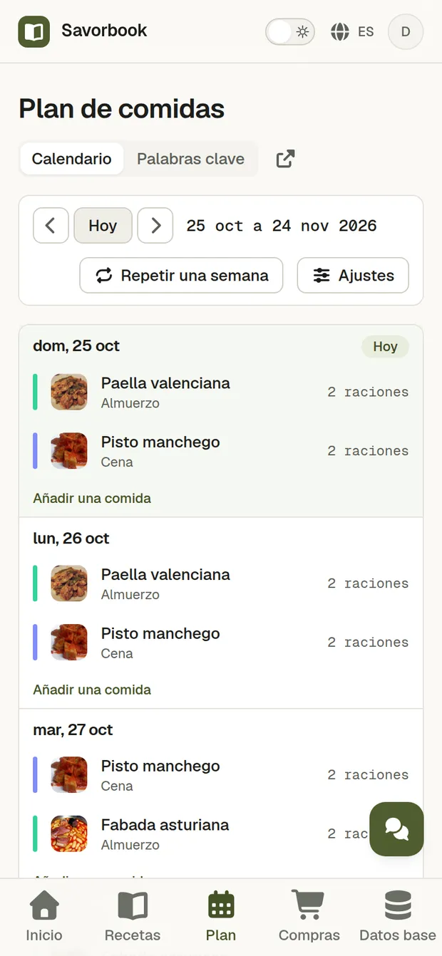 Una receta importada desde su enlace, planificada en tres días y añadida a la lista de la compra