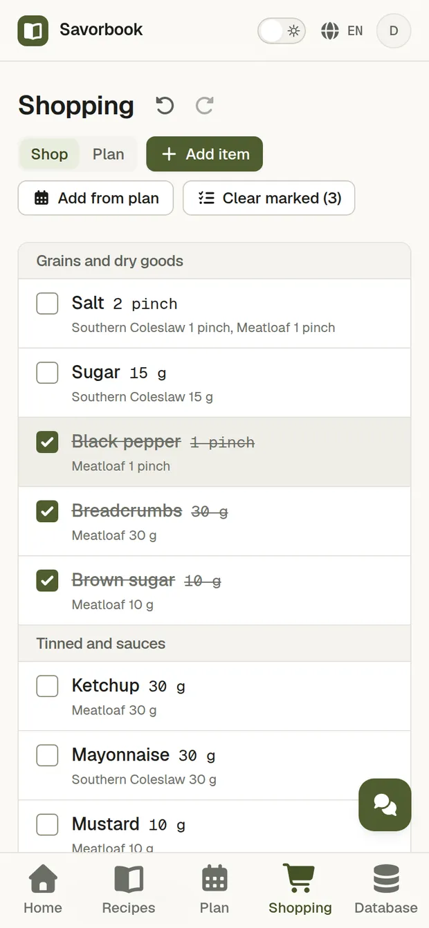 The shopping list on a phone in Shop mode, mid shop, with several rows ticked off