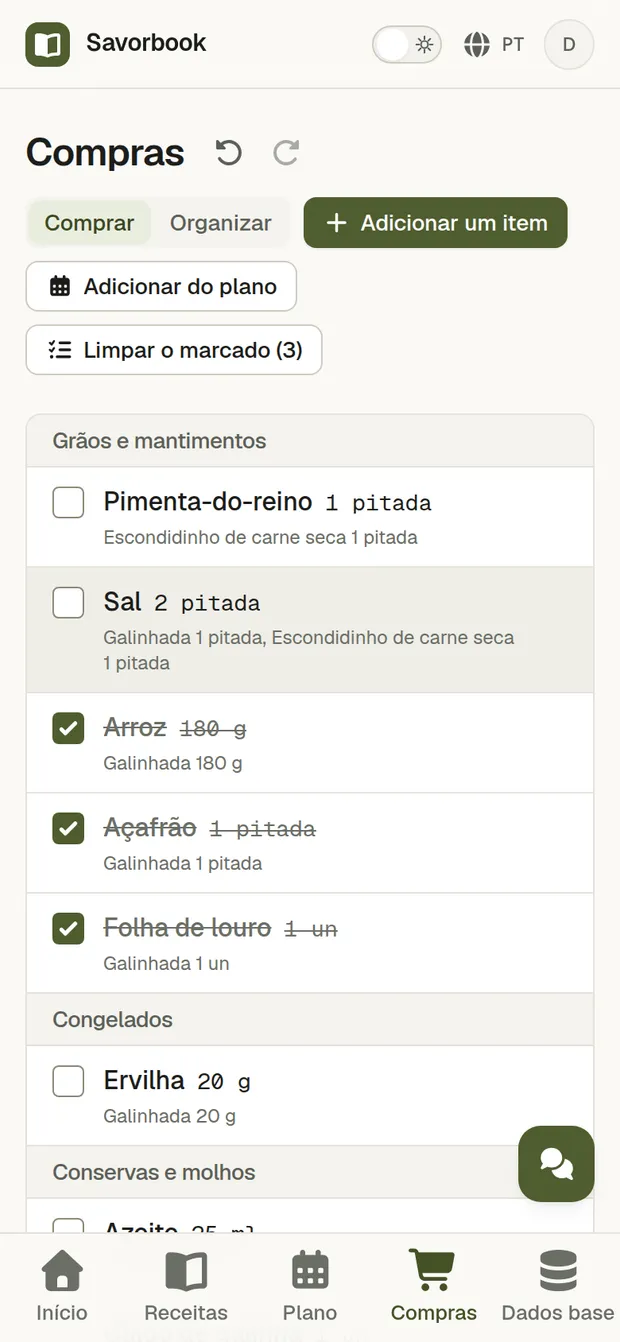 A lista de compras num telemóvel em modo Compras, a meio das compras, com várias linhas marcadas