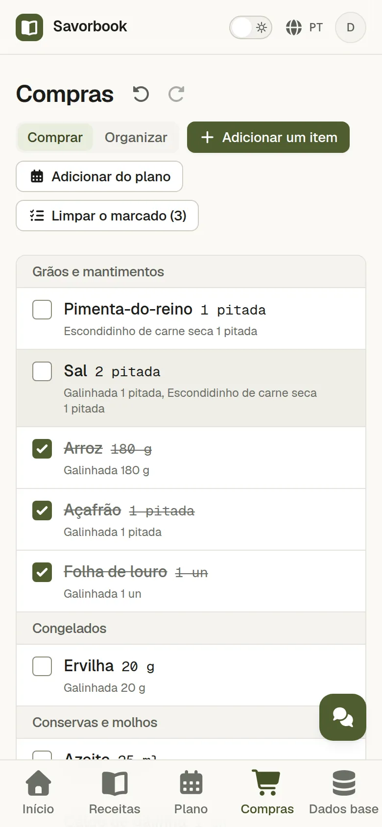 A lista de compras num telemóvel em modo Compras, a meio das compras, com várias linhas marcadas