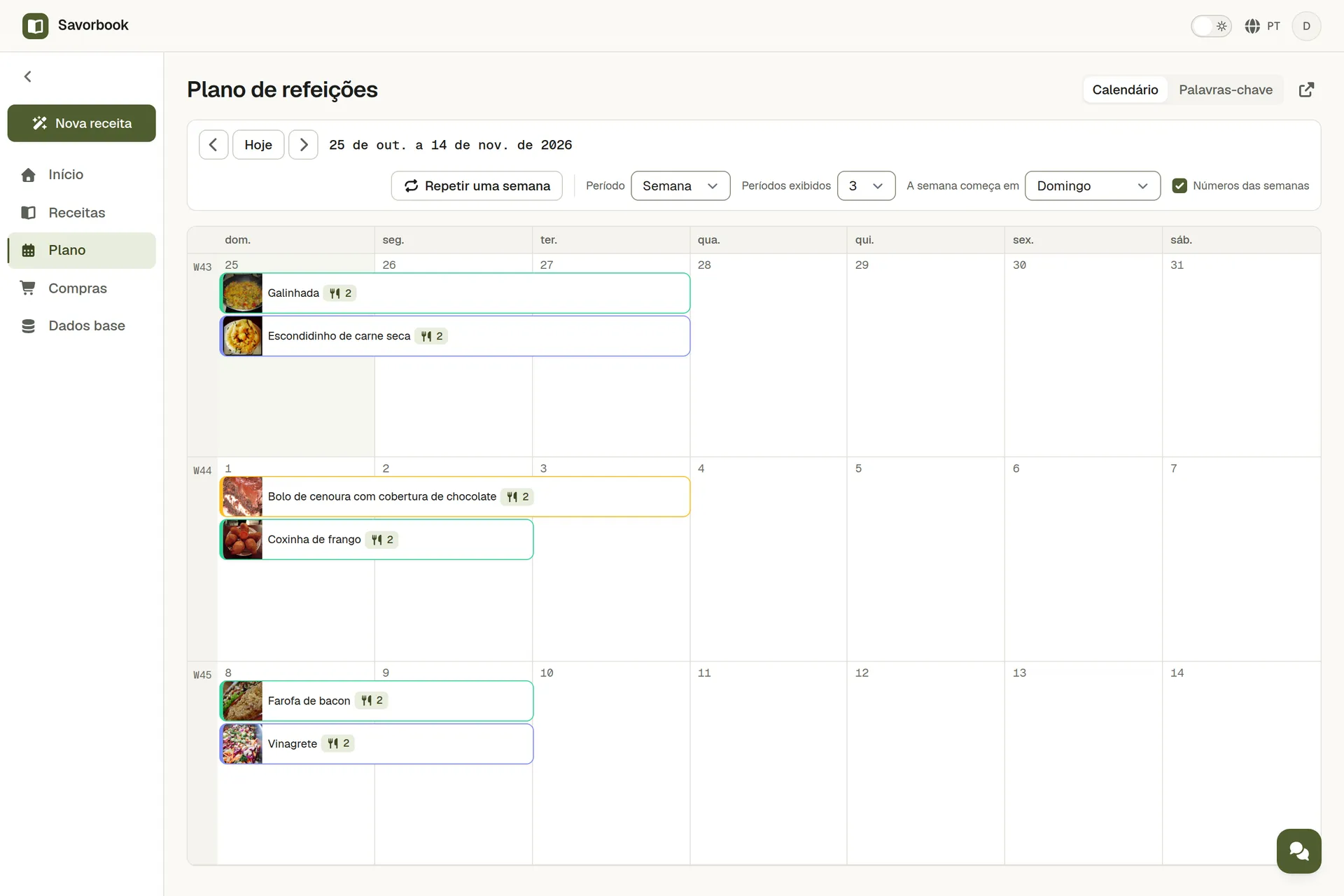 O quadro do planeador semanal com receitas distribuídas pelos dias