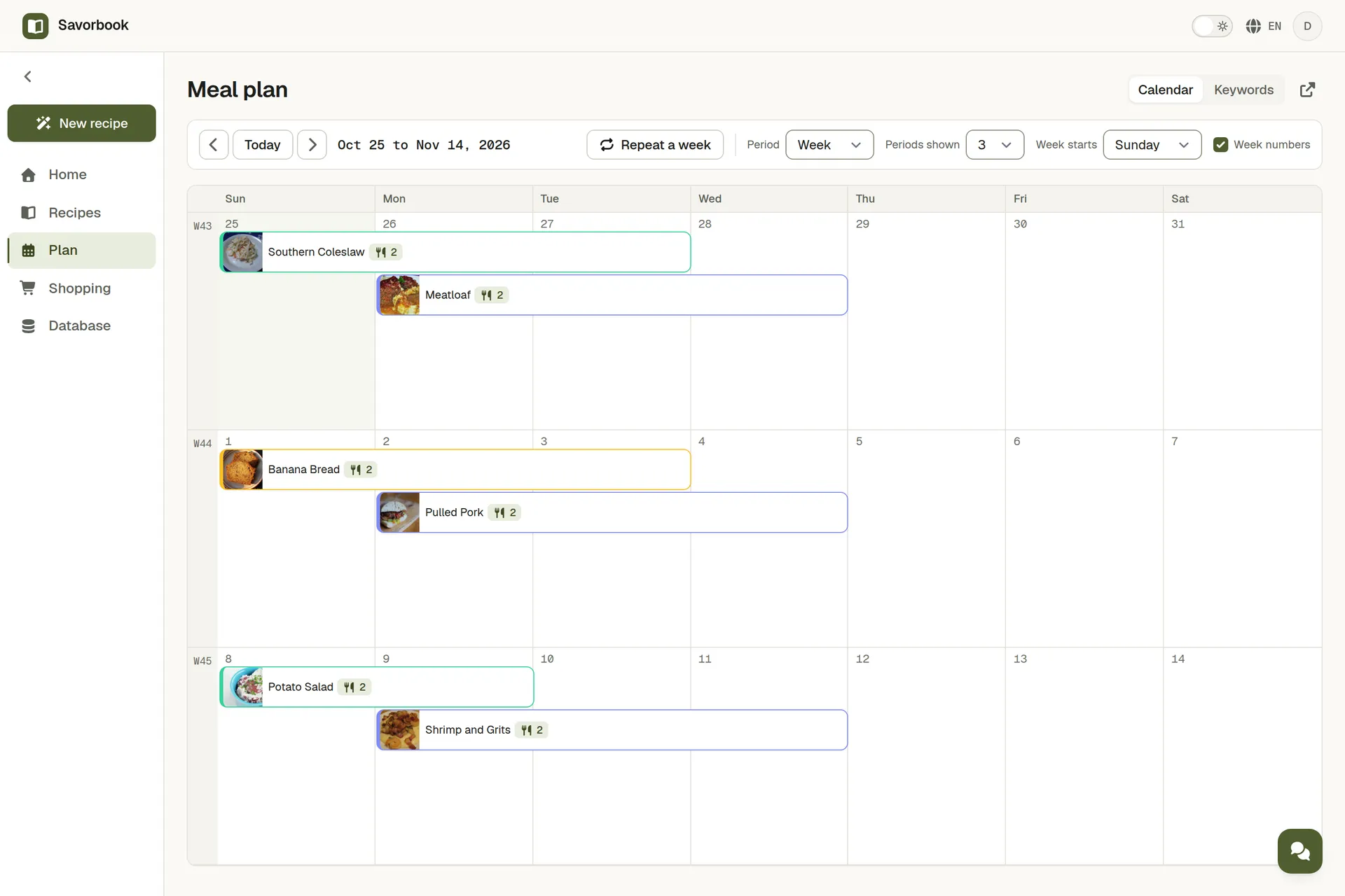 The weekly meal planner board with recipes placed across days