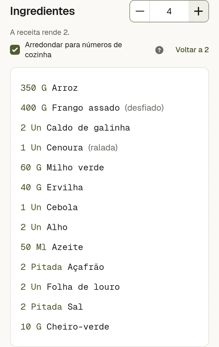 O campo de porções ao lado dos ingredientes de uma receita, com as quantidades ajustadas ao novo número