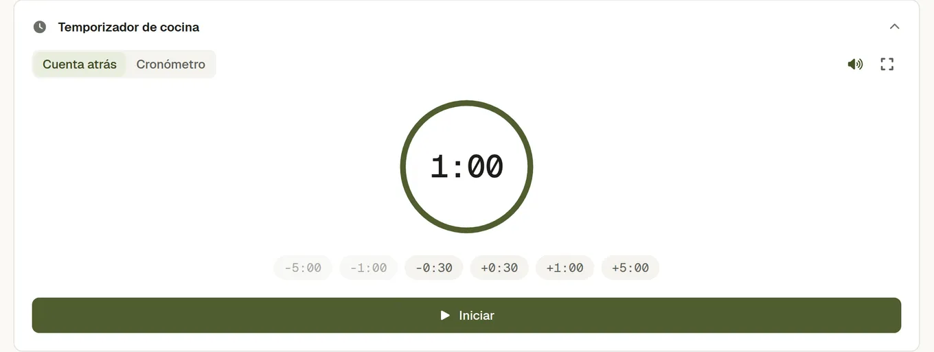 El temporizador de cocina de una receta: pestañas de cuenta atrás y cronómetro, un anillo de progreso y botones que añaden treinta segundos, un minuto y cinco minutos