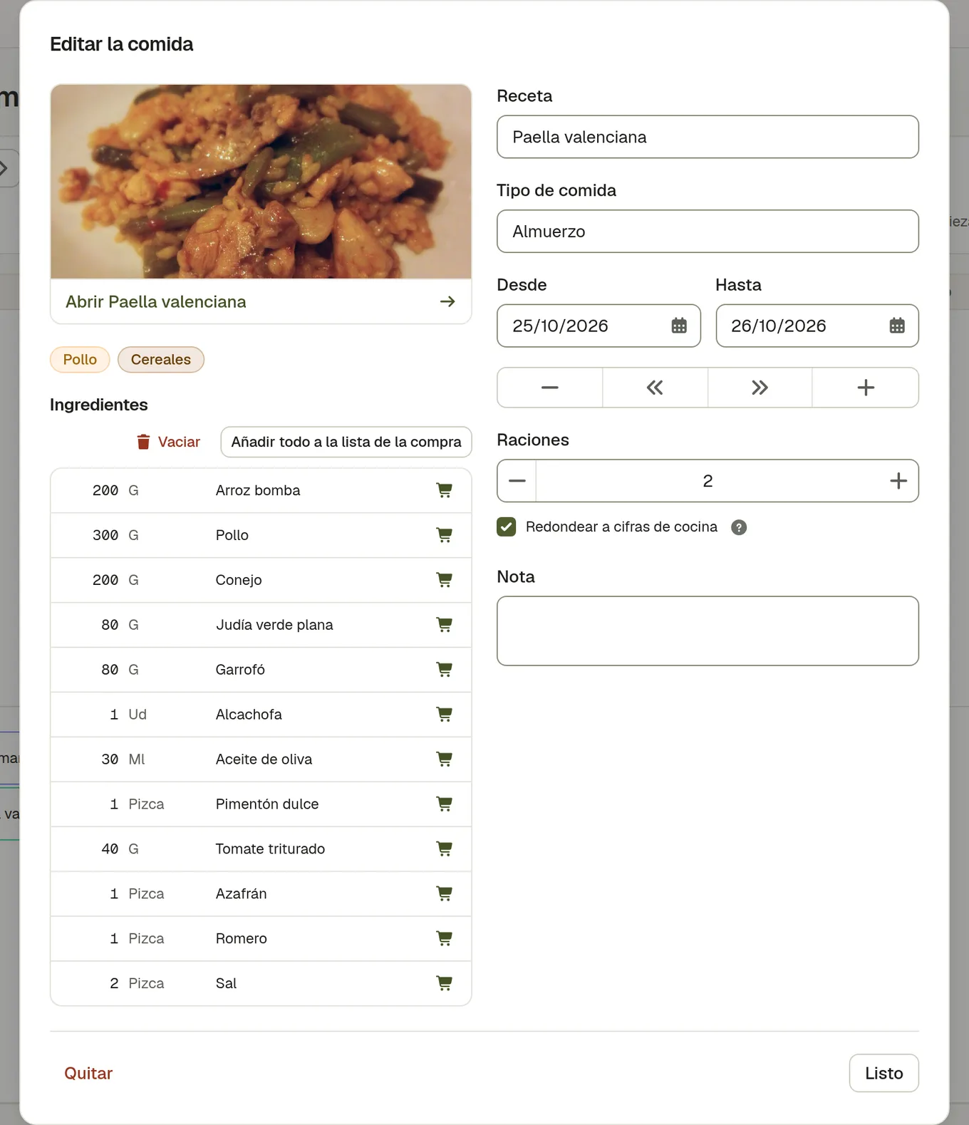 Una comida planificada abierta en el calendario, con su receta, sus raciones y un enlace a la receta completa