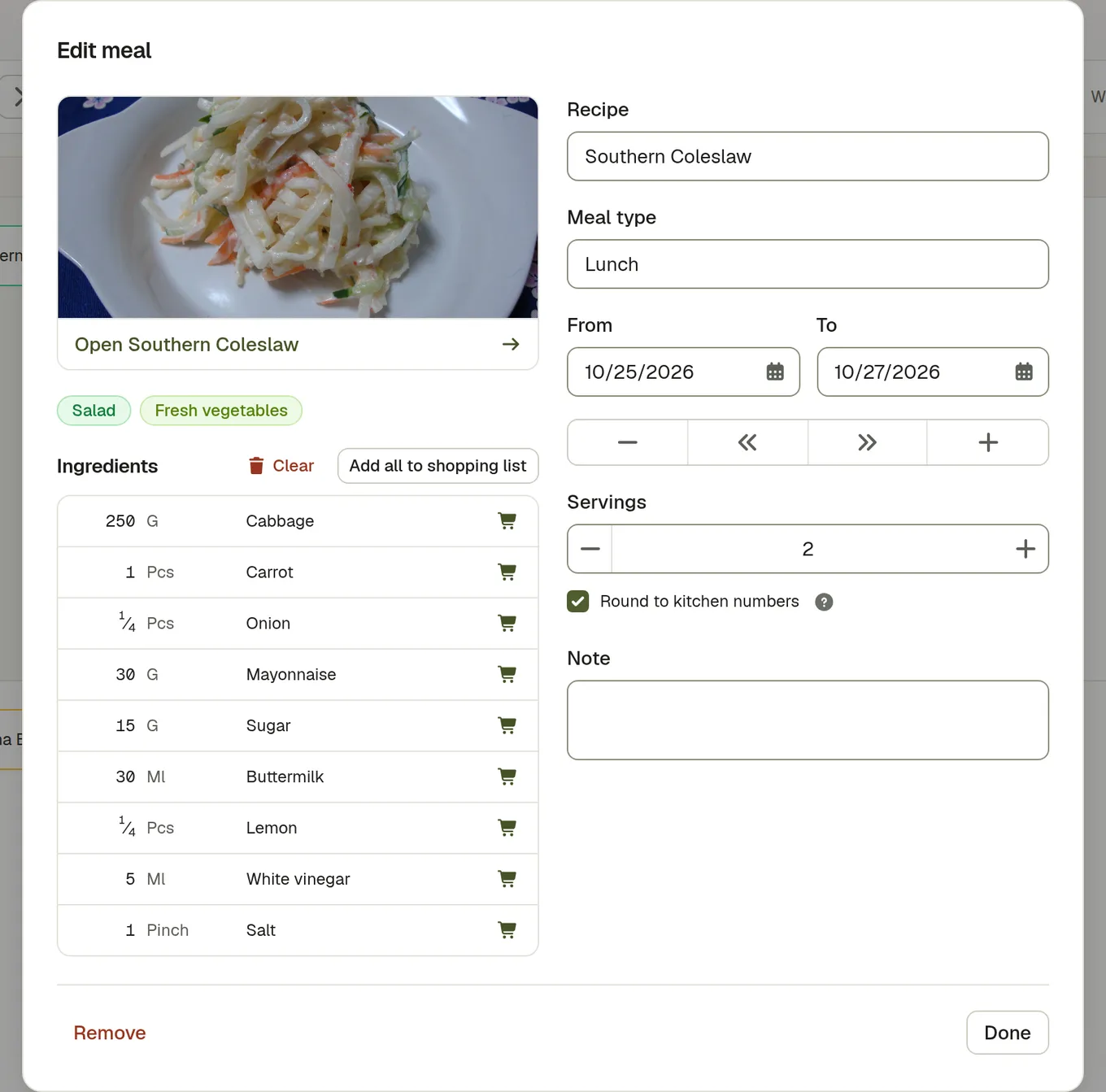 A planned meal open on the calendar, showing its recipe, servings and a link through to the full recipe